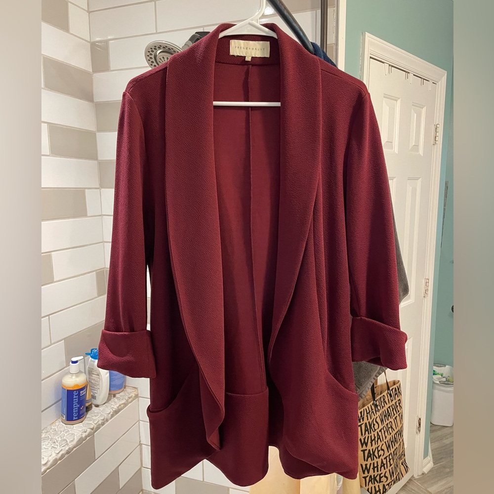 3/4 length sleeve, long red blazer with a shawl lapel